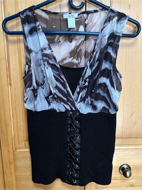 Cache Black White Corset Lace Up Tank Top Floral Sheer S #27
